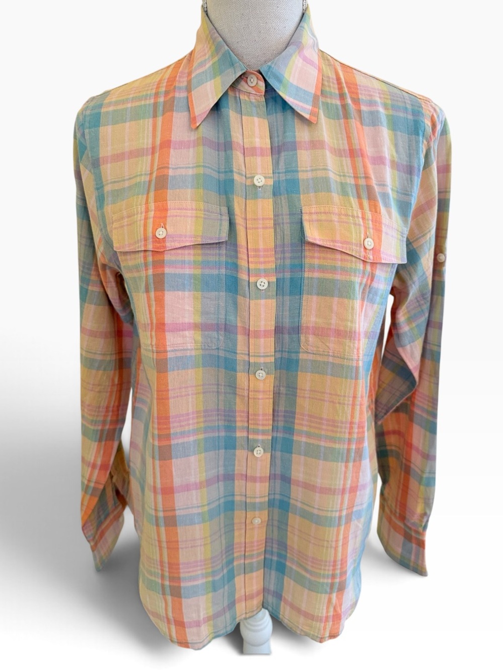 Lauren Ralph Lauren Linen/Cotton Pastel Plaid Button-Up Shirt PM